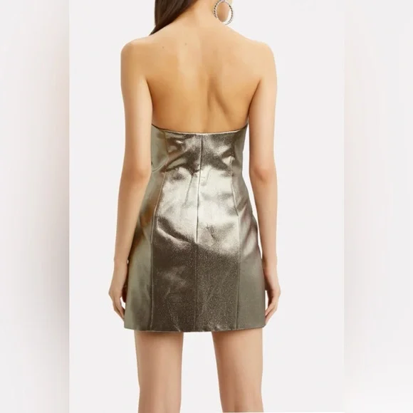 Redemption Gold Lamé Strapless Mini Dress Metallic Shimmer w/ Inner Lining - Picture 4 of 16